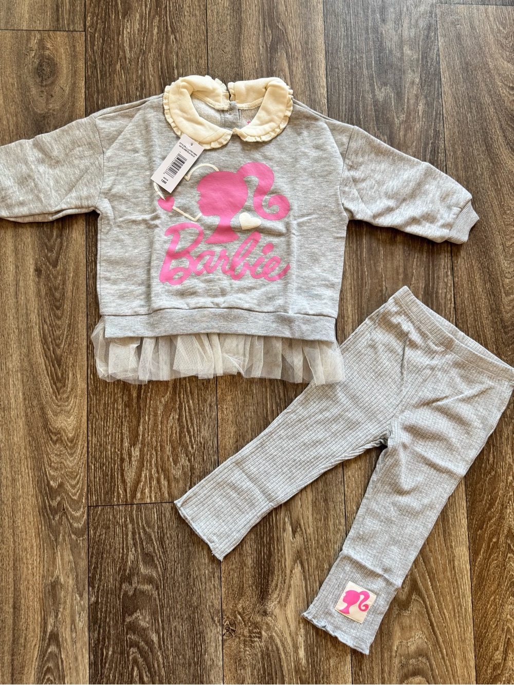 Barbie Gray Set with Pink Logo and Cream Ruffle Collar